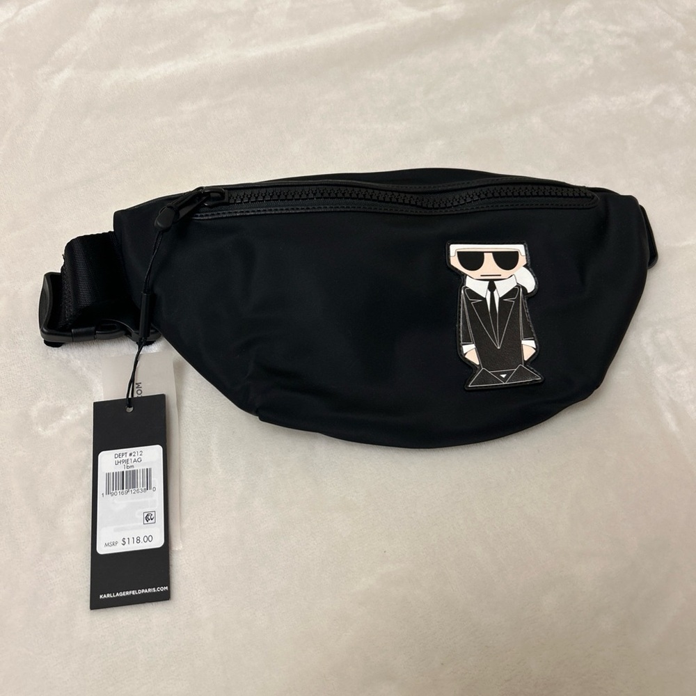 Karl Lagerfeld Black Logo Patch Belt Bag Fanny Pack with Signature Character